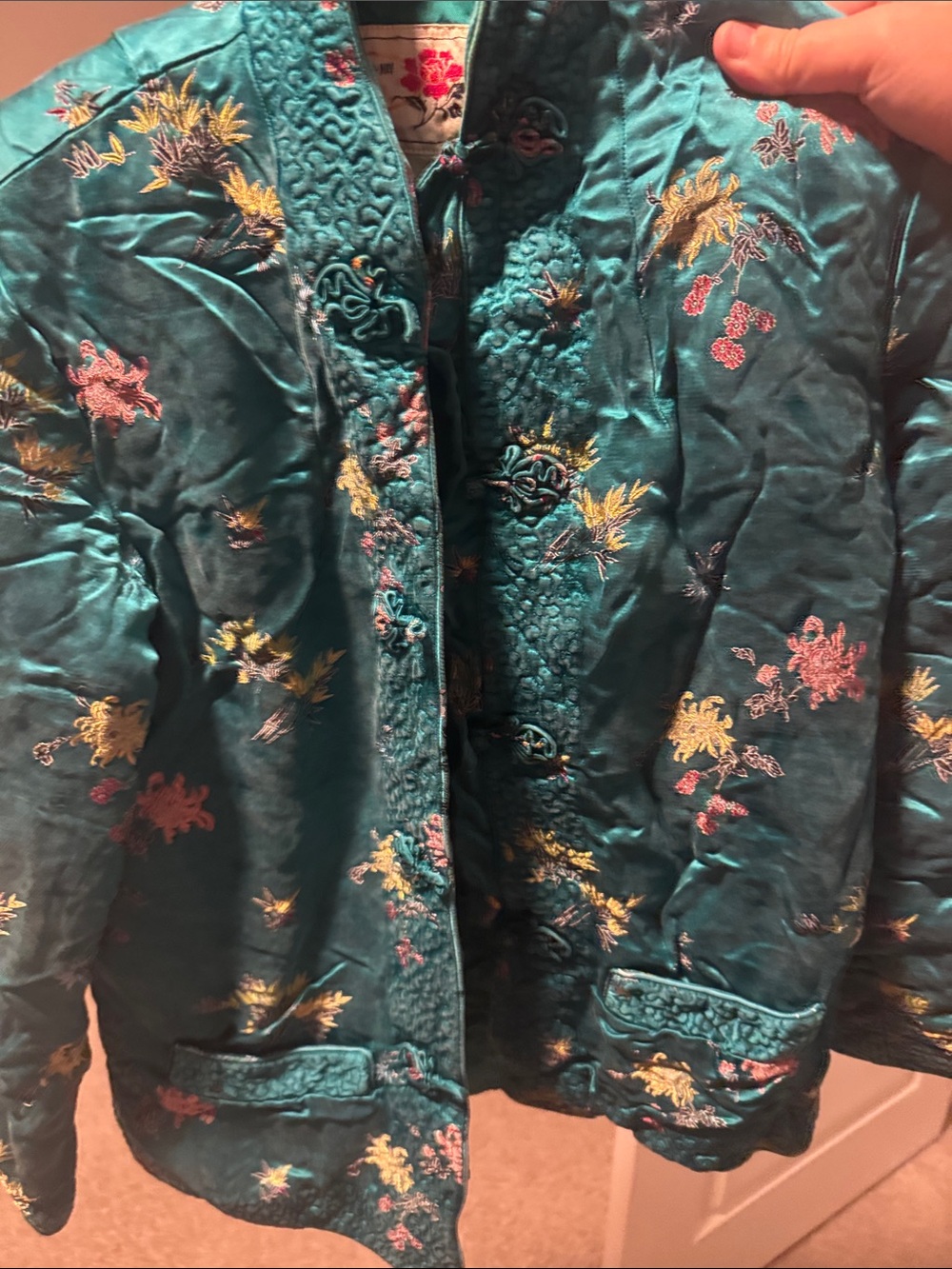 a Vintage "Peony Brand" Shanghai, China Quilted Silk-Blend Jacket.